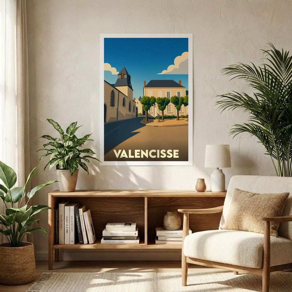 Affiche souvenir de la ville de Valencisse avec une illustration stylisée et colorée.