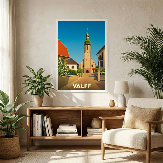 Affiche souvenir de la ville de Valff représentant son église et ses ruelles dans un style graphique épuré.