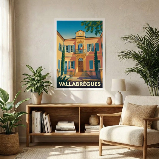 Affiche souvenir de la ville de Vallabrègues représentant son hôtel de ville dans un style graphique rétro.