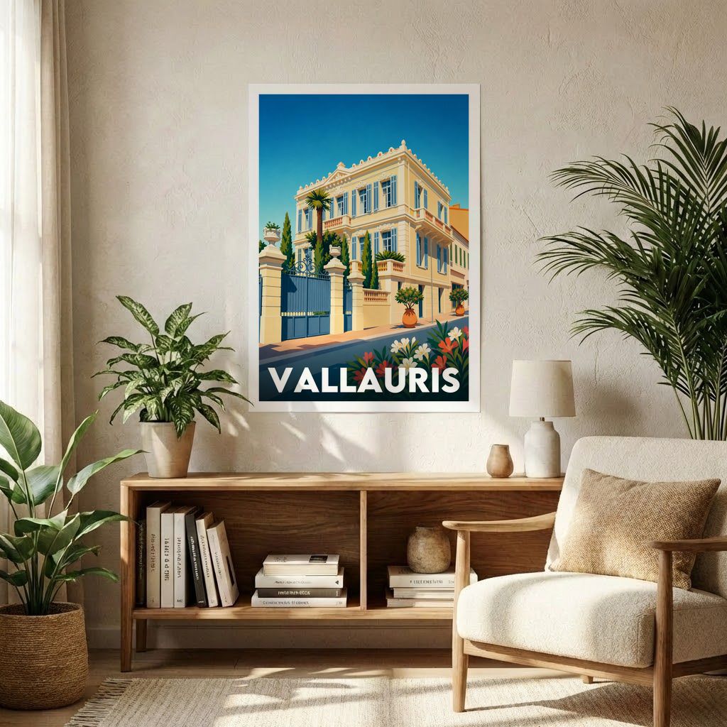 Affiche souvenir de la ville de Vallauris avec une illustration stylisée d'une villa provençale.