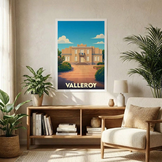 Affiche souvenir de la ville de Valleroy avec une illustration stylisée de son hôtel de ville.