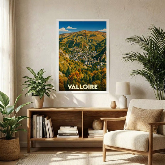 Affiche souvenir de la ville de Valloire avec une illustration stylisée de son paysage montagneux en automne.