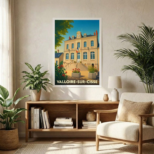 Affiche souvenir de la ville de Valloire-sur-Cisse avec une illustration stylisée de son hôtel de ville.
