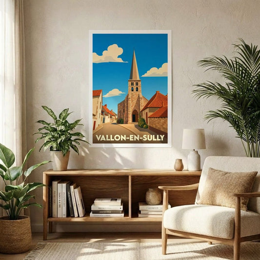 Affiche souvenir de la ville de Vallon-en-Sully avec une illustration stylisée de son église et de ses ruelles.