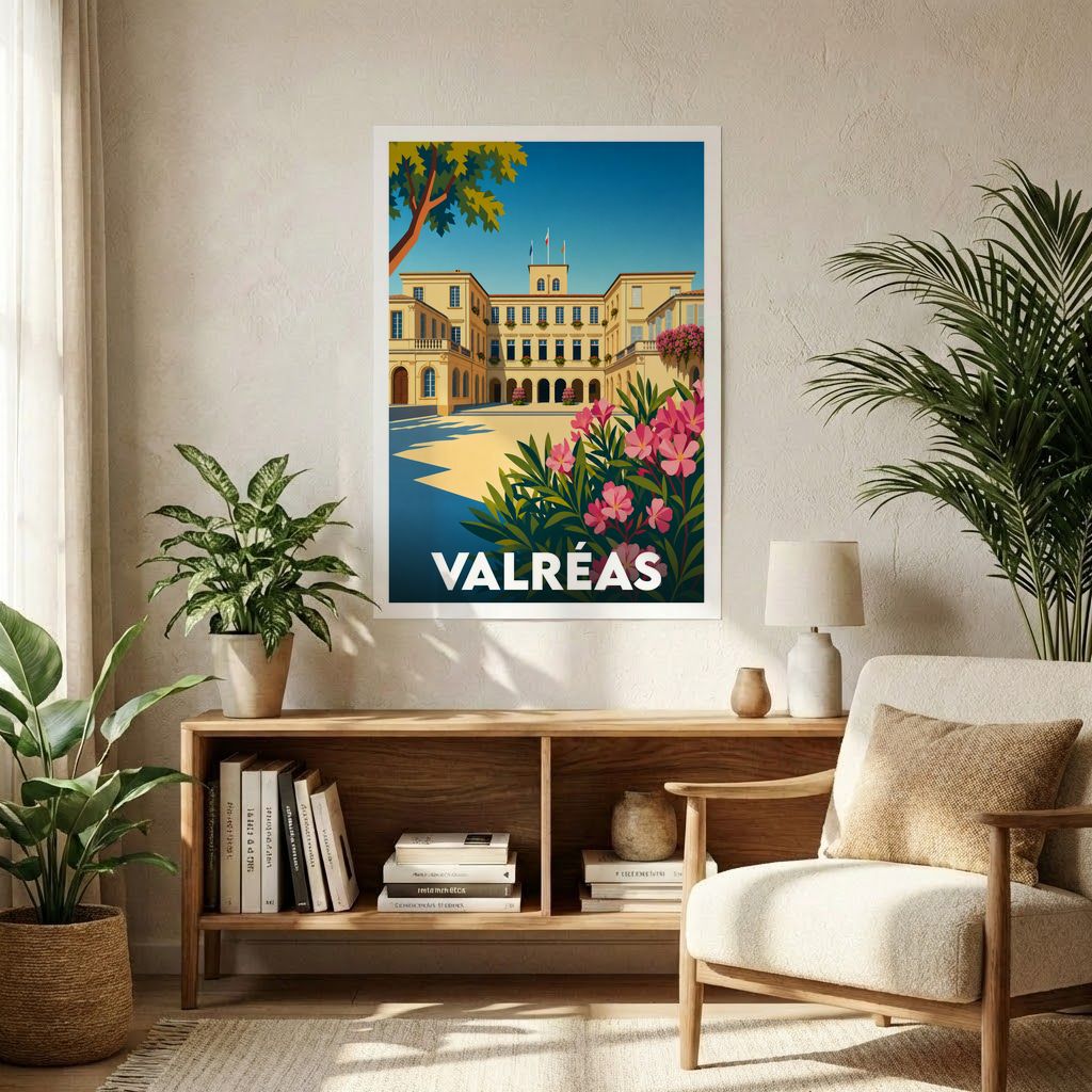 Affiche souvenir de la ville de Valréas avec une illustration stylisée d'un palais provençal et de fleurs de laurier-rose.