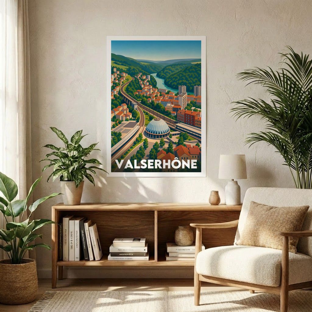 Affiche souvenir de la ville de Valserhône avec une illustration graphique et colorée de son paysage.