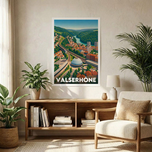 Affiche souvenir de la ville de Valserhône avec une illustration graphique et colorée de son paysage.