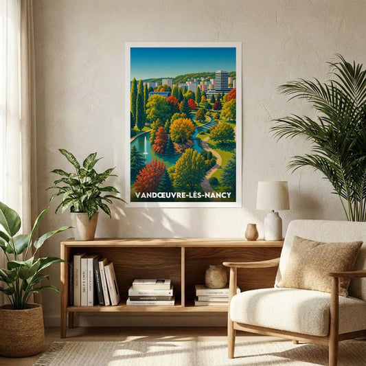 Affiche souvenir de la ville de Vandœuvre-lès-Nancy avec une illustration stylisée d'un parc arboré.