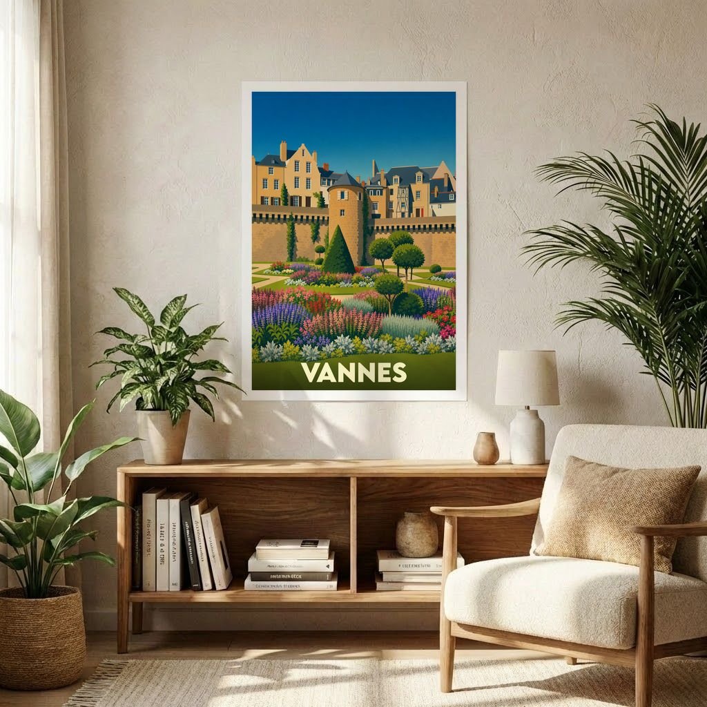 Affiche souvenir de la ville de Vannes avec une illustration stylisée de ses remparts et jardins fleuris.