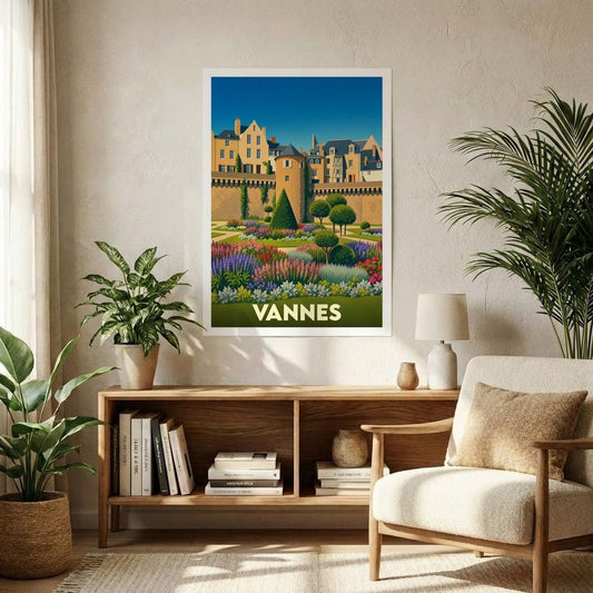 Affiche souvenir de la ville de Vannes avec une illustration stylisée de ses remparts et jardins fleuris.
