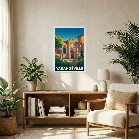 Affiche souvenir de la ville de Varangéville avec une illustration stylisée d'une église historique.