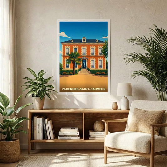 Affiche souvenir de la ville de Varennes-Saint-Sauveur avec une illustration stylisée d'une demeure bourguignonne.