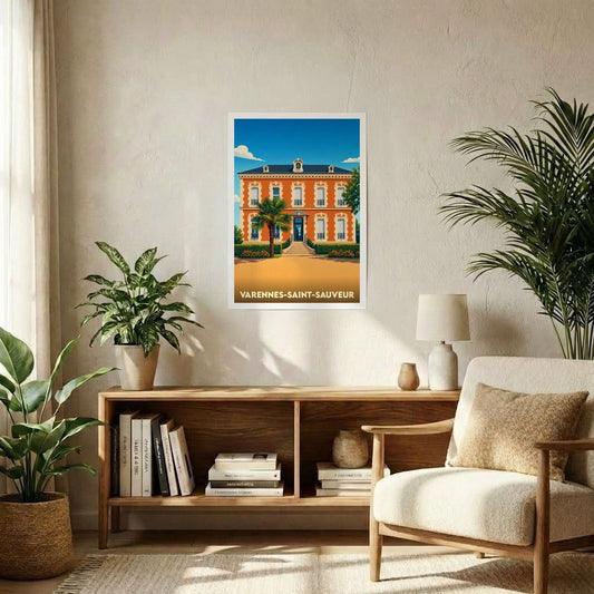Affiche souvenir de la ville de Varennes-Saint-Sauveur avec une illustration stylisée d'une demeure bourgeoise.