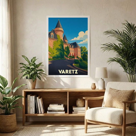 Affiche souvenir de la ville de Varetz illustrant son château dans un style vintage coloré.