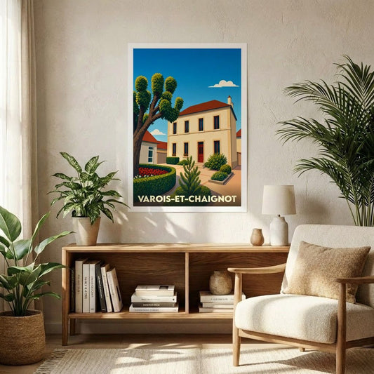 Affiche souvenir de la ville de Varois-et-Chaignot avec une illustration stylisée.