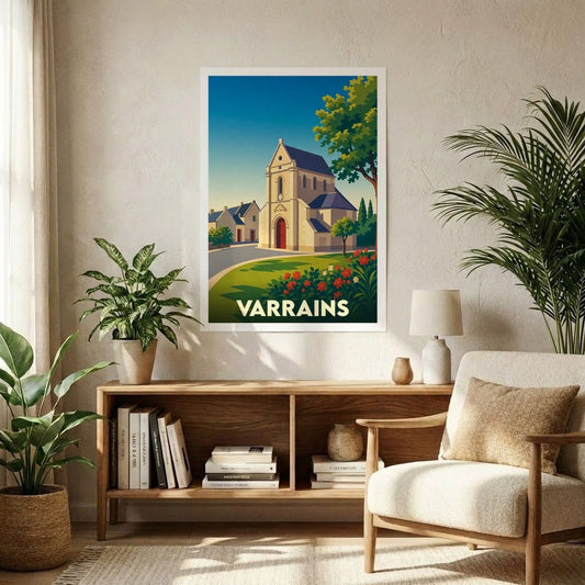 Affiche souvenir de la ville de Varrains avec une illustration stylisée d'une église sous un ciel bleu.