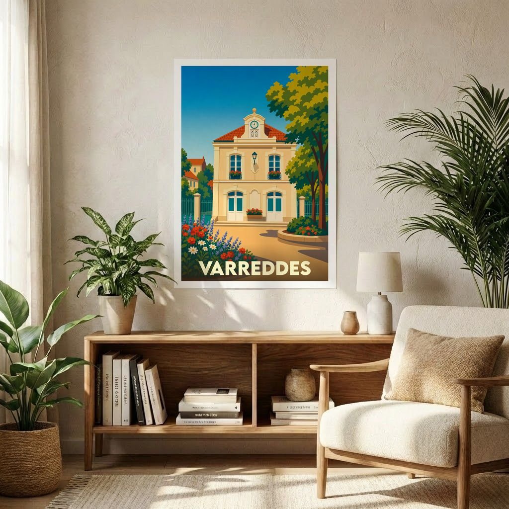 Affiche souvenir de la ville de Varreddes avec une illustration stylisée de sa mairie.