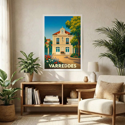 Affiche souvenir de la ville de Varreddes avec une illustration stylisée de sa mairie.