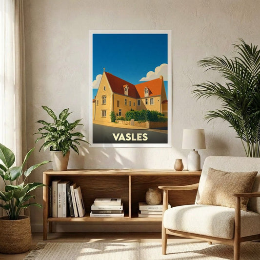 Affiche souvenir de la ville de Vasles illustrant un bâtiment de caractère sous un ciel bleu azur.