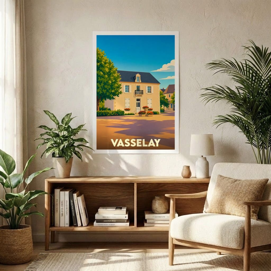 Affiche souvenir de la ville de Vasselay avec une illustration stylisée et colorée.
