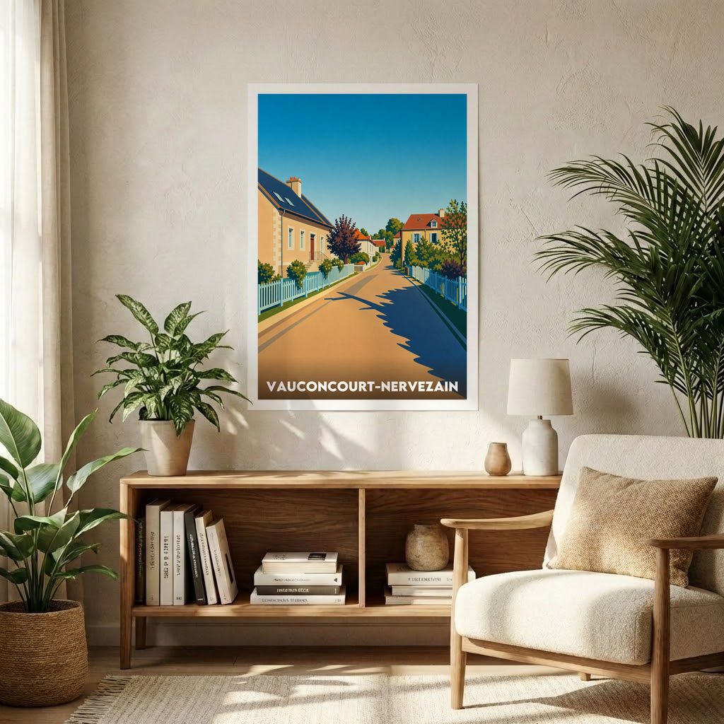 Affiche souvenir de la ville de Vauconcourt-Nervezain avec une illustration stylisée.