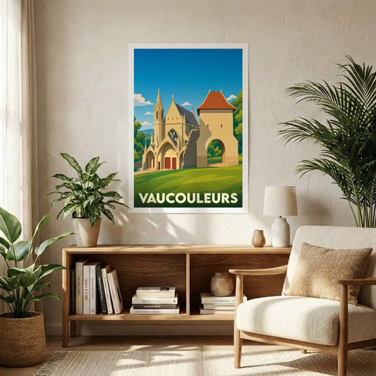 Affiche souvenir de la ville de Vaucouleurs illustrant son patrimoine historique dans un style vintage.