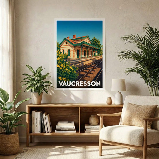 Affiche souvenir de la ville de Vaucresson avec une illustration stylisée de sa gare ferroviaire.