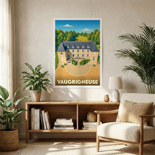Affiche souvenir de la ville de Vaugrigneuse illustrant son château dans un style graphique épuré.