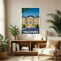 Affiche souvenir de la ville de Vaujours avec une illustration stylisée d'un château.