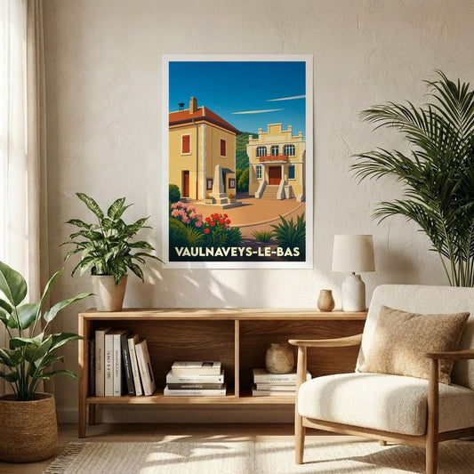 Affiche souvenir de la ville de Vaulnaveys-le-Bas avec une illustration stylisée de son architecture et de ses paysages.