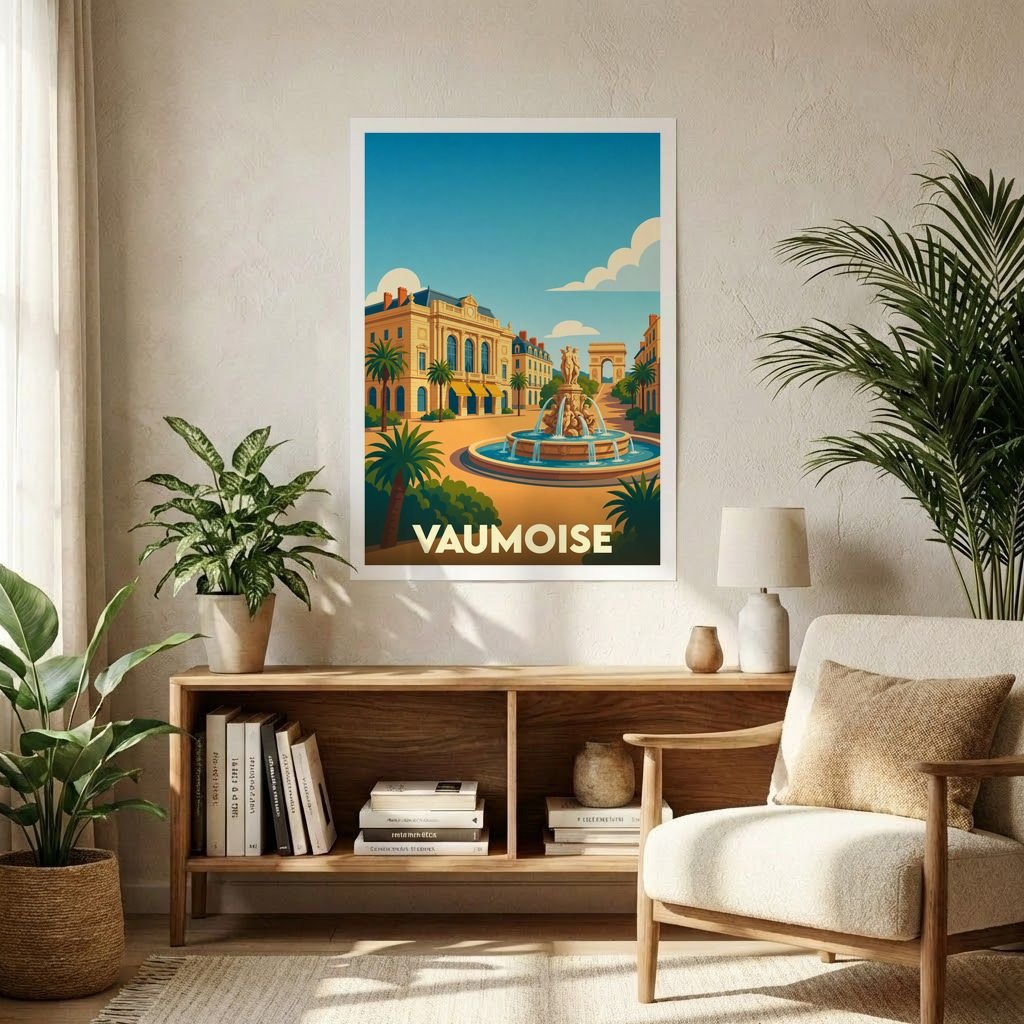 Affiche souvenir de la ville de Vaumoise avec une illustration stylisée d'une place ensoleillée agrémentée d'une fontaine et de palmiers.