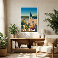 Affiche souvenir de la ville de Vauréal avec une illustration graphique et colorée de son architecture.