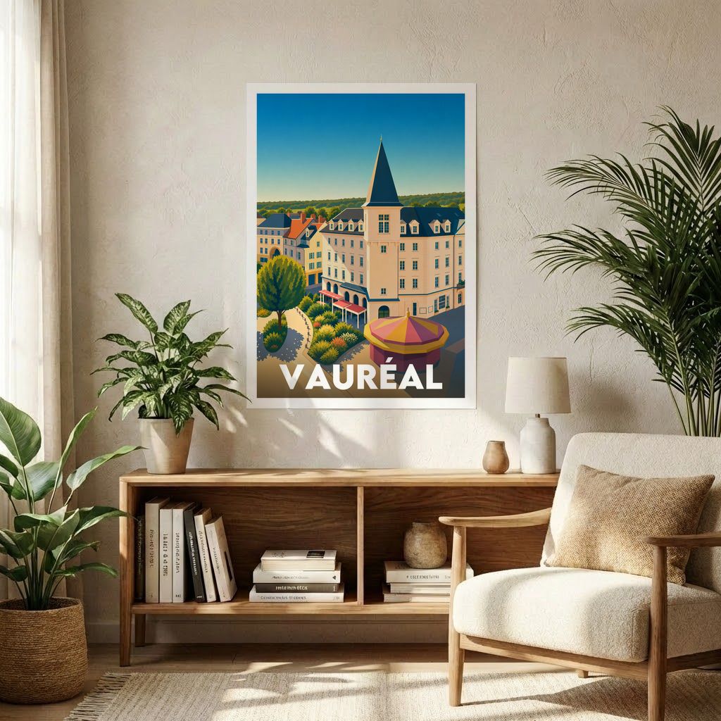 Affiche souvenir de la ville de Vauréal avec une illustration graphique et colorée de son architecture.