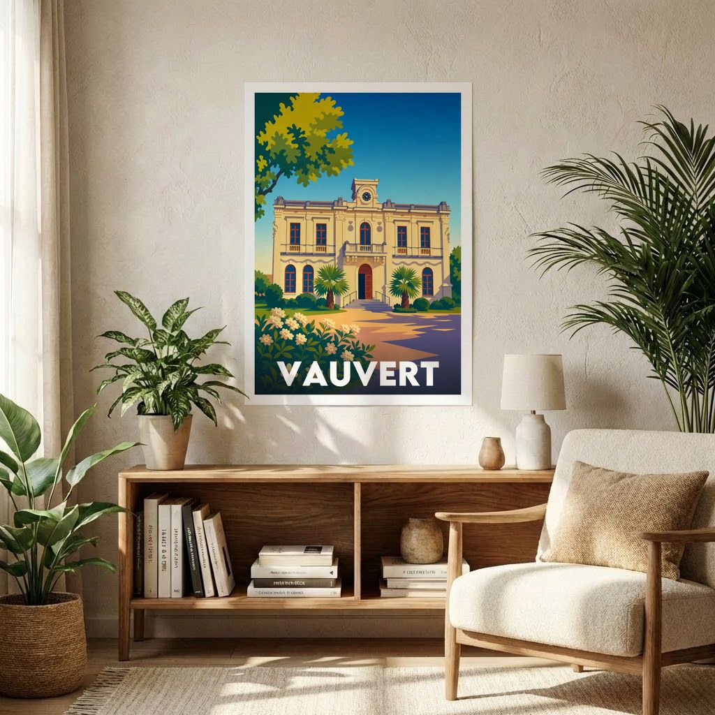 Affiche souvenir de la ville de Vauvert avec une illustration stylisée de son architecture et de sa végétation.