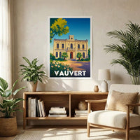 Affiche souvenir de la ville de Vauvert avec une illustration stylisée de son architecture et de sa végétation.