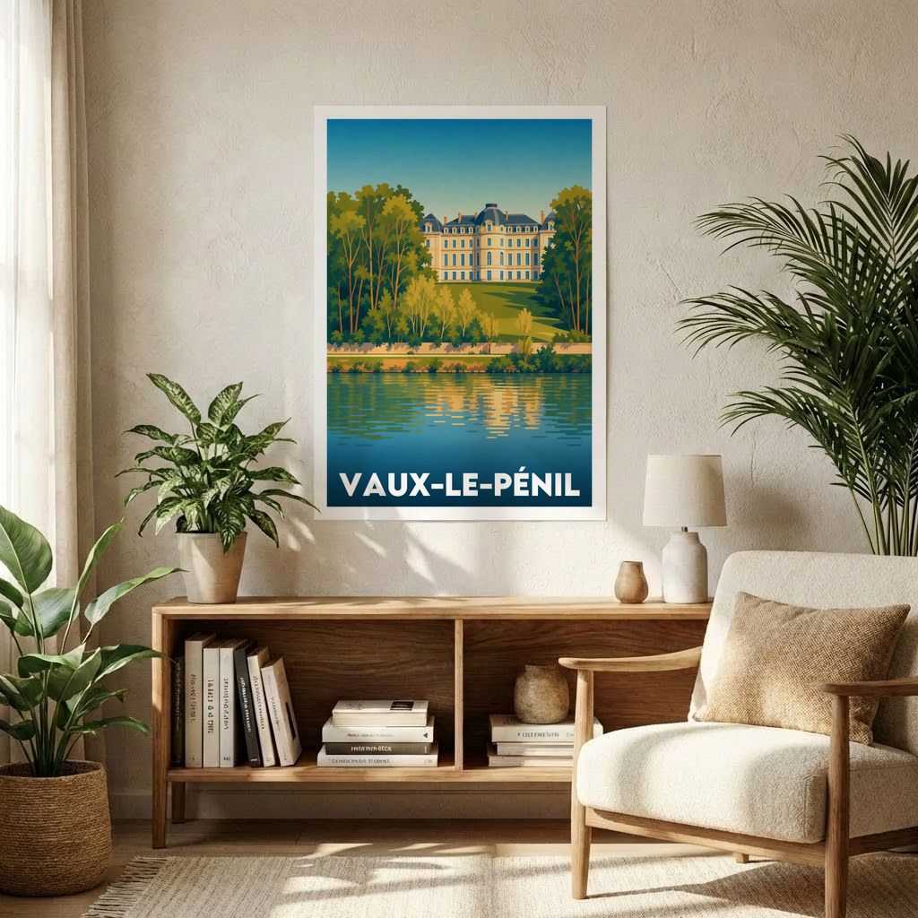 Affiche souvenir de la ville de Vaux-le-Pénil avec une illustration stylisée de son château au bord de l'eau.