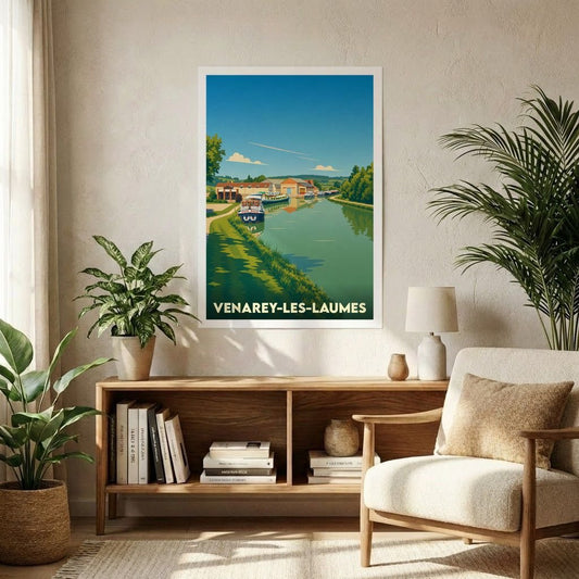 Affiche souvenir de la ville de Venarey-les-Laumes illustrant le canal de Bourgogne avec un style vintage épuré.