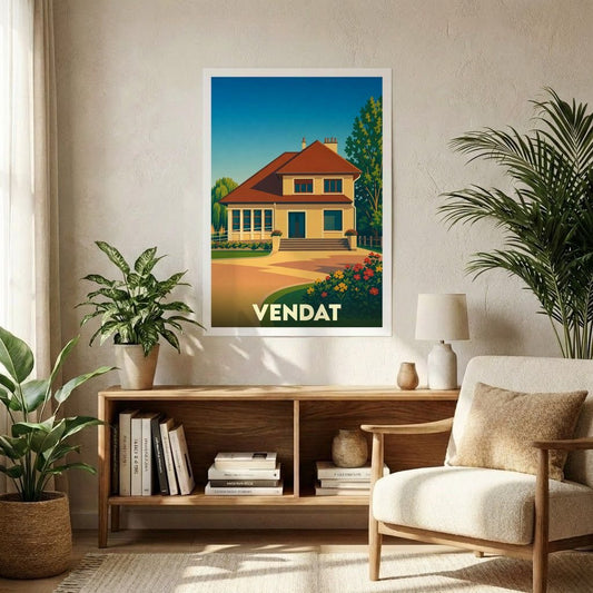 Affiche souvenir de la ville de Vendat illustrant une maison au style rétro sous un ciel bleu.