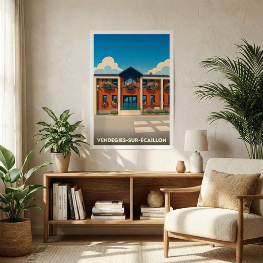 Affiche souvenir de la ville de Vendegies-sur-Écaillon avec une illustration stylisée d'un bâtiment fleuri.