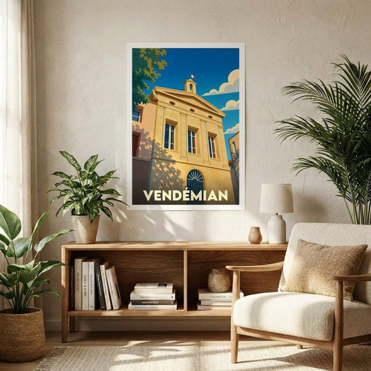Affiche souvenir de la ville de Vendémian présentant une illustration stylisée d'un bâtiment emblématique sous un ciel bleu.