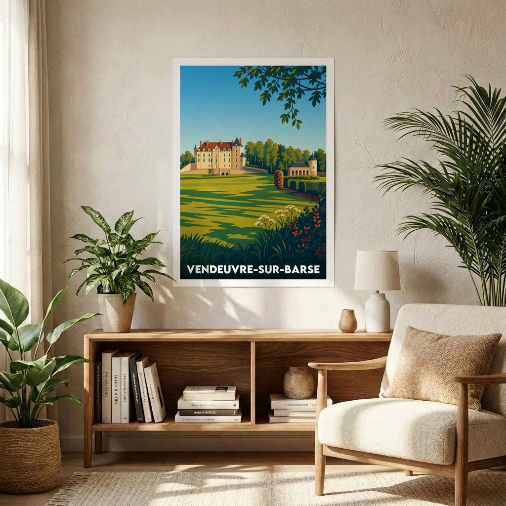 Affiche souvenir de la ville de Vendeuvre-sur-Barse avec une illustration stylisée de son château.