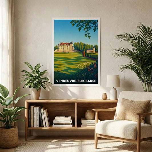 Affiche souvenir de la ville de Vendeuvre-sur-Barse avec une illustration stylisée de son château.