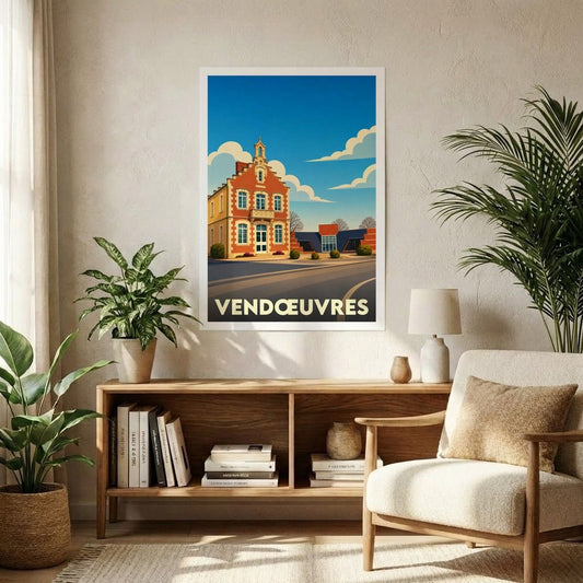 Affiche souvenir de la ville de Vendœuvres illustrant son architecture locale dans un style rétro et coloré.