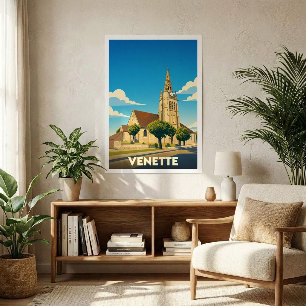 Affiche souvenir de la ville de Venette représentant son église dans un style graphique épuré et coloré.