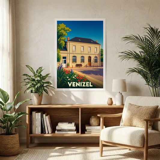 Affiche souvenir de la ville de Venizel présentant une illustration stylisée d'un bâtiment classique sous un ciel azur.