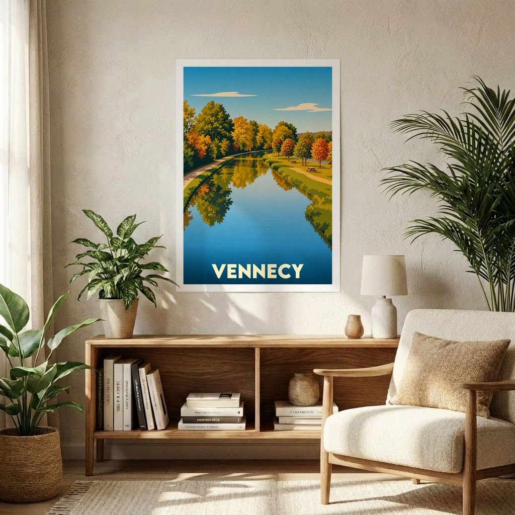 Affiche souvenir de la ville de Vennecy représentant une illustration stylisée d'un canal bordé d'arbres en automne.
