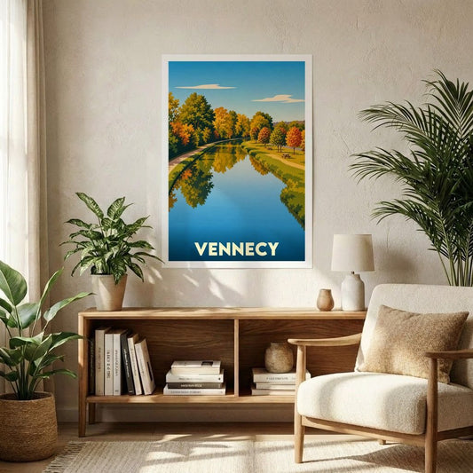 Affiche souvenir de la ville de Vennecy représentant une illustration stylisée d'un canal bordé d'arbres en automne.