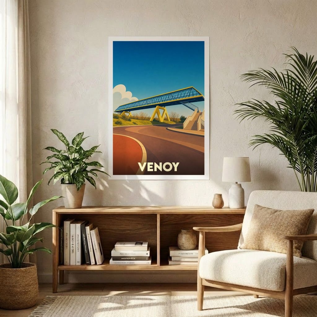 Affiche souvenir de la ville de Venoy avec une illustration stylisée d'une passerelle moderne.