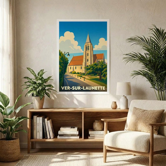 Affiche souvenir de la ville de Ver-sur-Launette avec une illustration stylisée de son église.