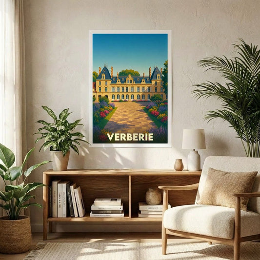 Affiche souvenir de la ville de Verberie représentant une illustration colorée et stylisée de son château.